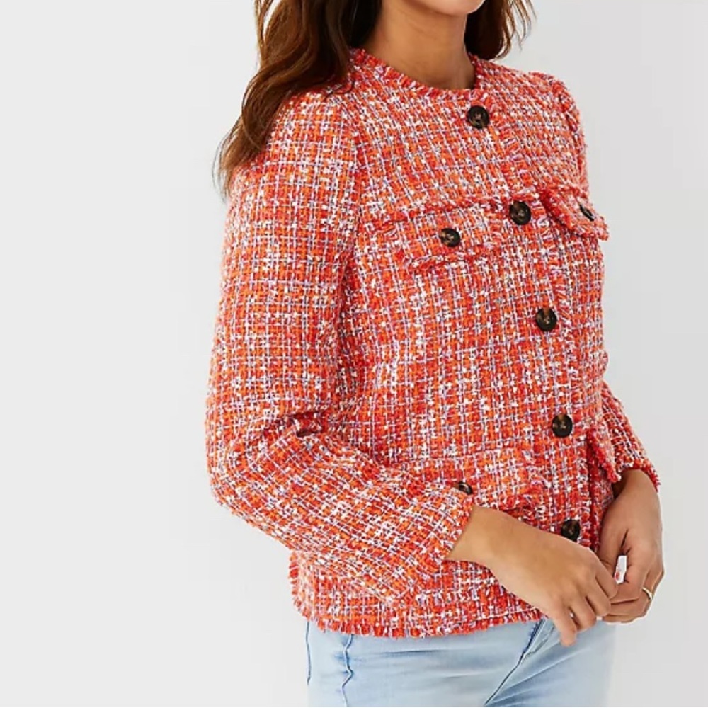 Ann Taylor Tweed Jacket 12Tall Fringe Edge Orange Spark Lined Decorative Buttons - Picture 2 of 11